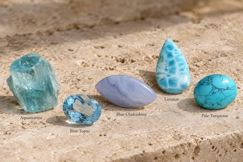 Light blue gemstone names including aquamarine, blue topaz, blue chalcedony, Larimar and pale turquoise arranged on travertine.