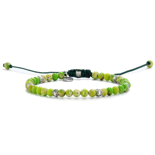 Elegant unisex Light Green Stone Bracelet with green cord and beads.