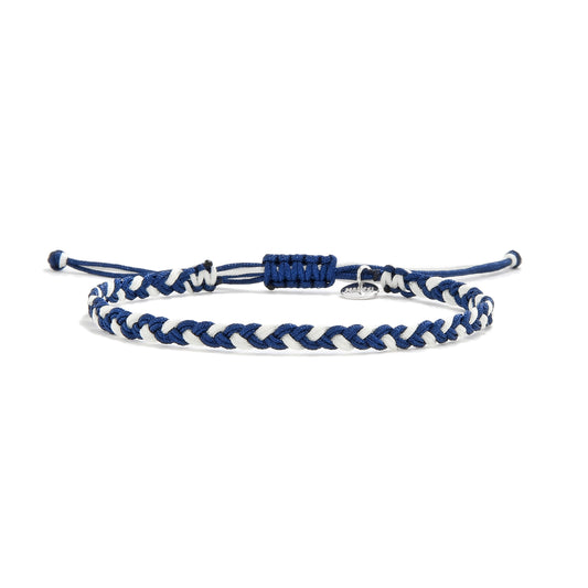 Marino beaded friendship bracelet in blue and white with adjustable knot closure.