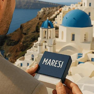 Person holding a Maresi jewelry box with white buildings and blue domes in the background