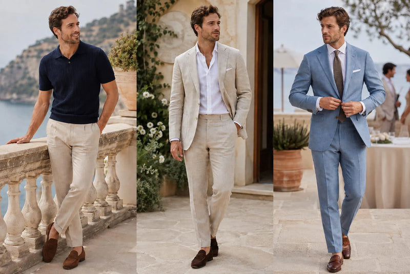 Three men’s beach wedding outfit ideas featuring a navy polo, cream linen suit, and light blue suit