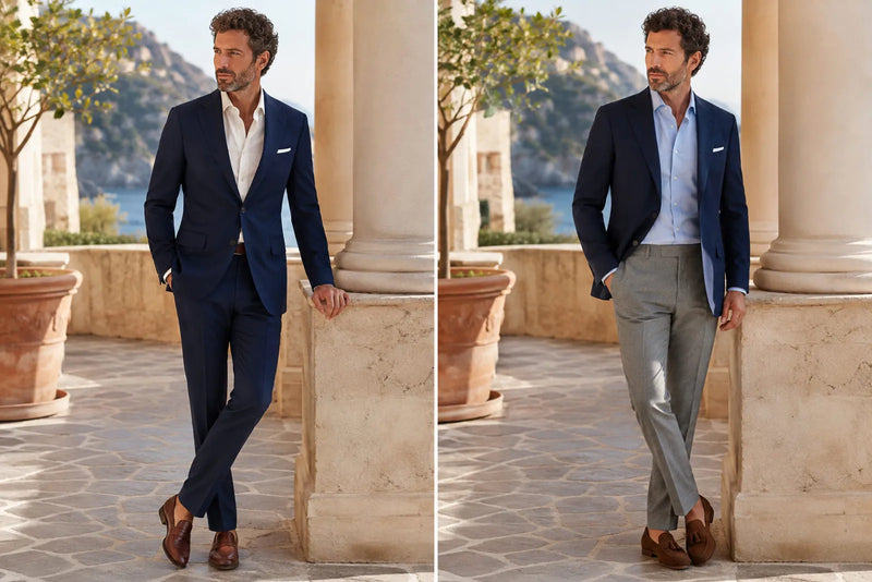 Men's cocktail attire comparison showing a navy suit with white shirt and a navy blazer with light blue shirt and gray tailored trousers