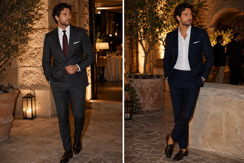Men's cocktail attire comparison showing a charcoal suit with tie and a navy suit with an open collar