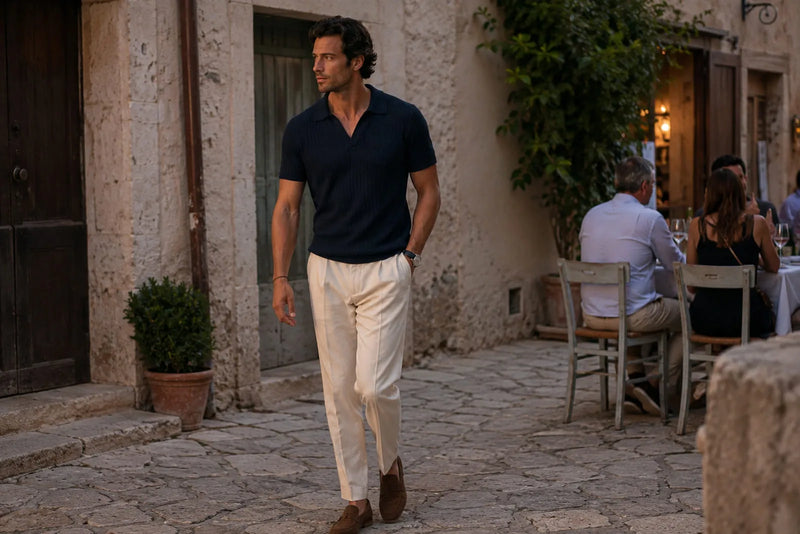 Man wearing a navy knitted polo, cream tailored trousers and brown loafers for dinner on a Mediterranean vacation