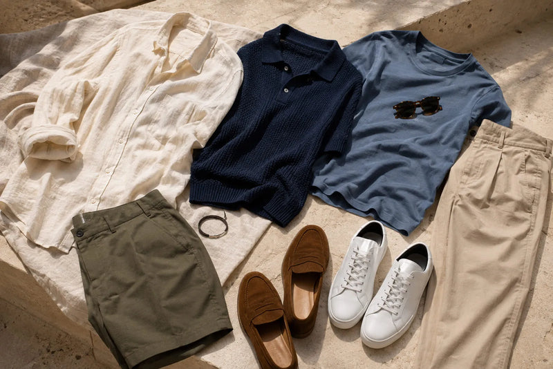 Men’s vacation wardrobe with linen shirt, knit polo, T-shirt, tailored shorts, trousers, loafers and white sneakers