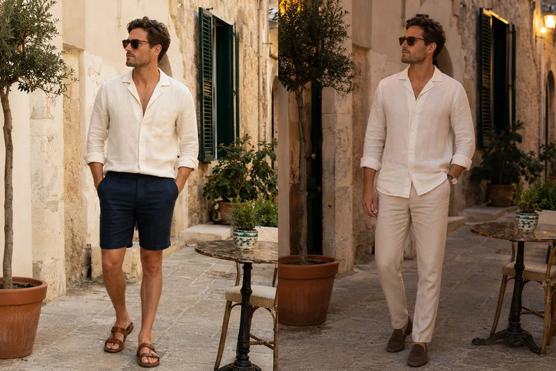 Side-by-side men’s vacation outfits showing a white linen shirt styled with navy shorts for daytime and cream trousers for evening