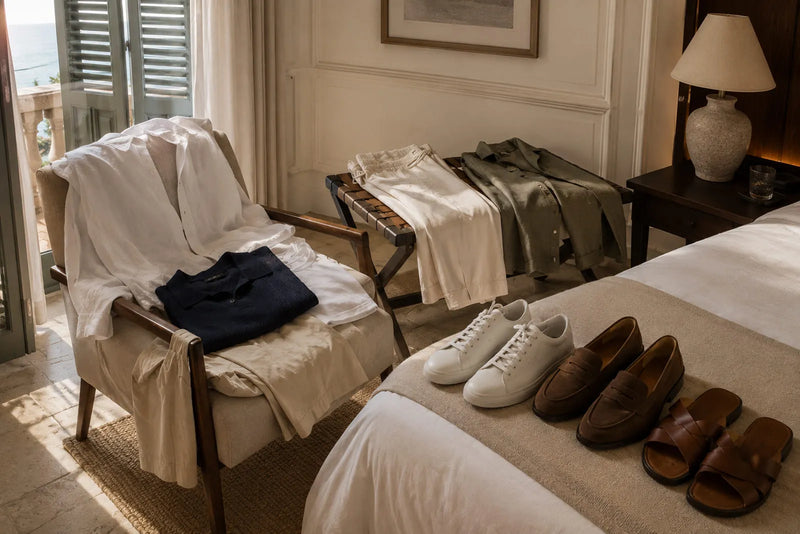 Coordinated men’s vacation clothes arranged in a Mediterranean hotel room with shirts, trousers, sneakers, loafers and sandals