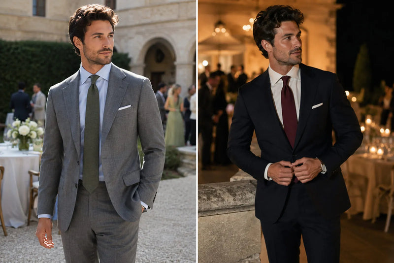 Day and evening men's wedding guest outfits comparing a gray daytime suit with a formal navy evening suit