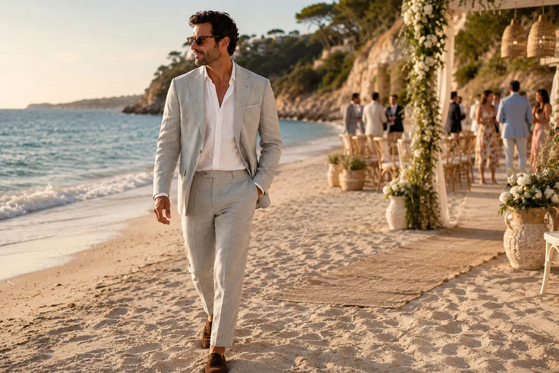 Men's beach wedding guest outfit with a light gray suit, open collar white shirt and brown loafers by the sea