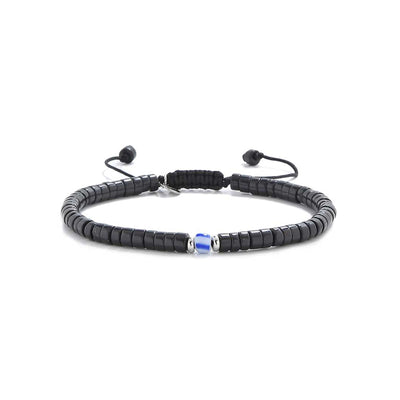 Straight-on product photo of mens black pearl bracelet with center blue bead