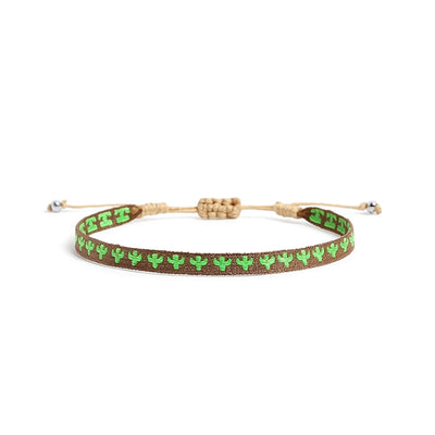 Front display of mens rope bracelet with cactus embroidery and pull string closure