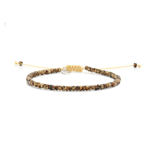 Minimalist bead bracelet for men with tan cord and glossy brown and beige seed beads