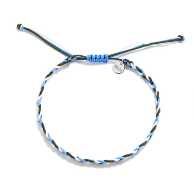 Overhead view of thin best friend friendship bracelet in blue, green, and white cords