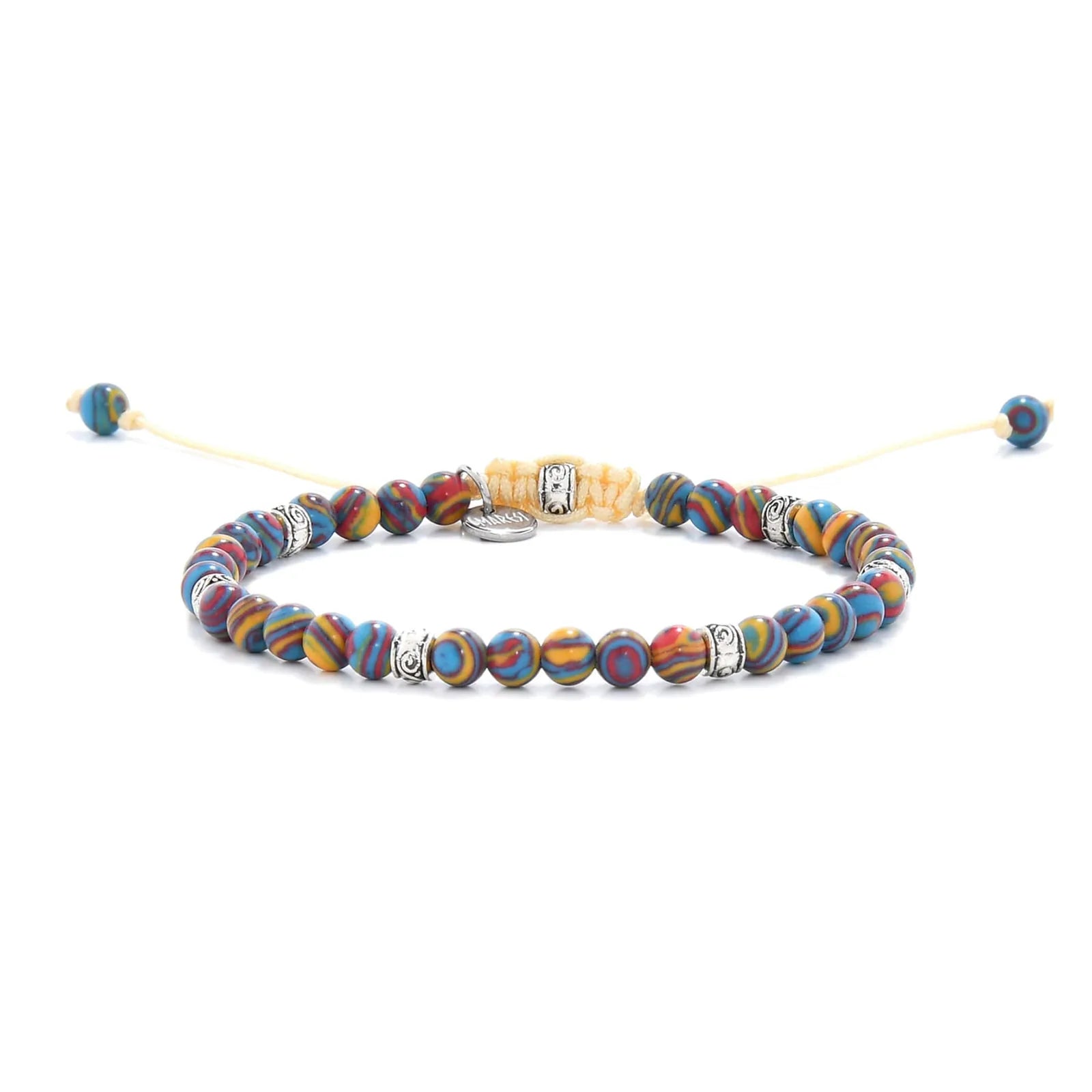 Multicolor malachite color bracelet featuring round beads and silver accents on an adjustable yellow cord.
