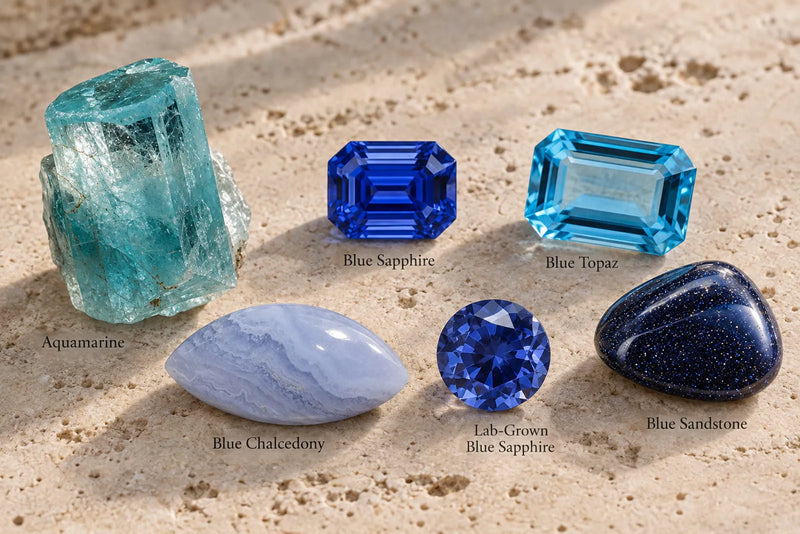 Blue gemstone names showing aquamarine, sapphire, blue topaz, blue chalcedony, lab grown sapphire and blue sandstone.