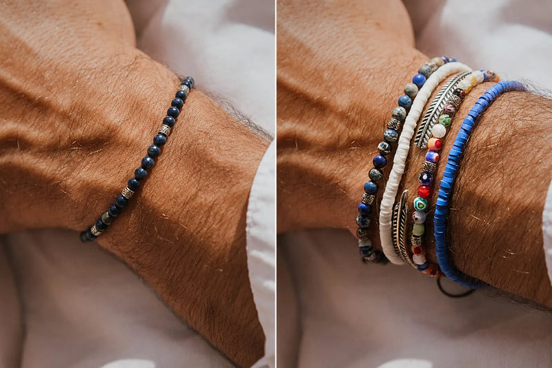 Side by side comparison showing one slim men’s bracelet on the wrist versus a coordinated stack of multiple bracelets.