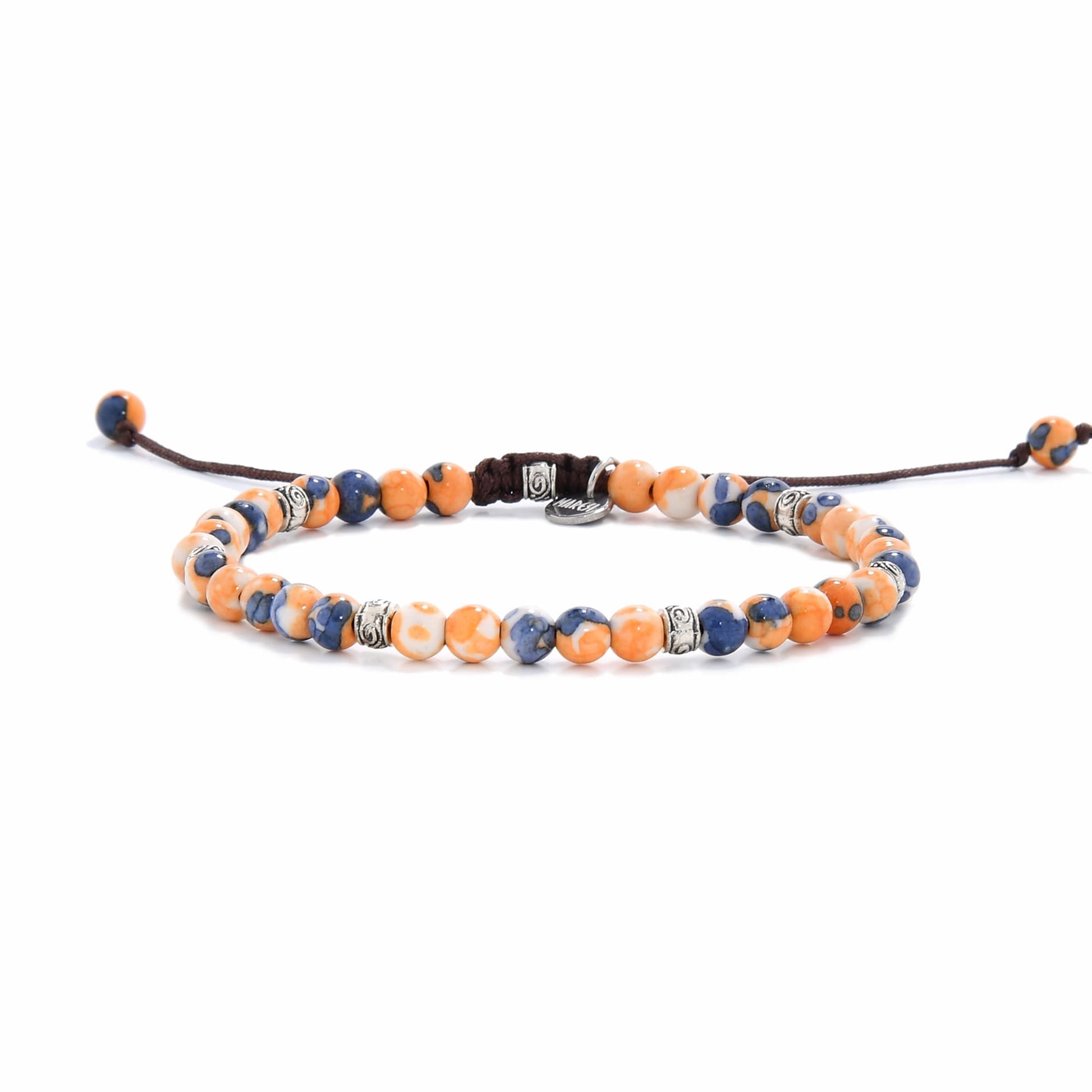 front angle of Orange Flower Jasper bracelet showing full beaded design with brown adjustable cord and metal-tone spacers
