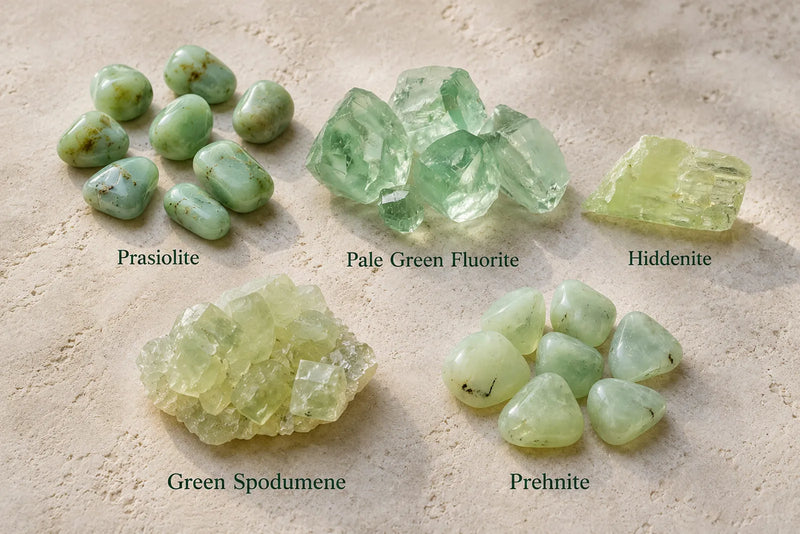 Pale green gemstones labeled prasiolite, fluorite, hiddenite, green spodumene and prehnite on warm limestone.