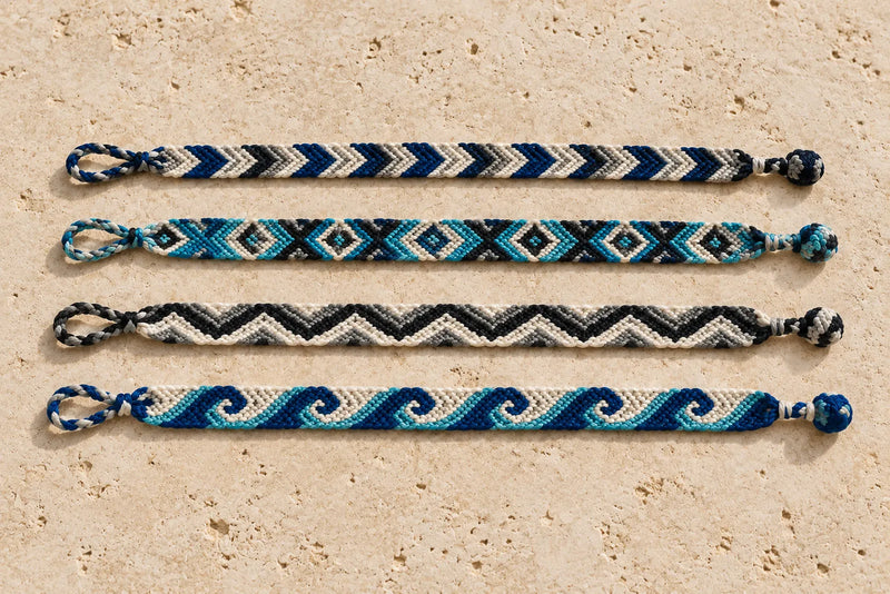 Four friendship bracelet patterns featuring diagonal stripes, diamonds, chevrons, and blue wave designs.