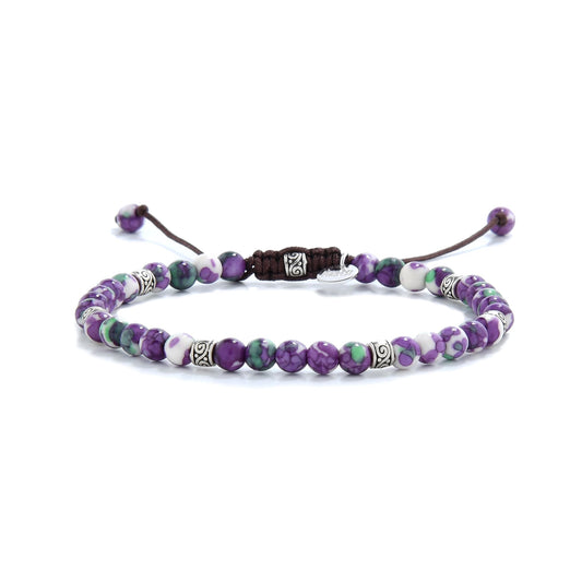 Purple jasper bracelet with metal accents and adjustable dark brown cord