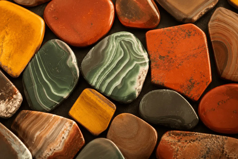 Real vs Fake Jasper comparison with polished stones in green, red, brown, and yellow natural patterns