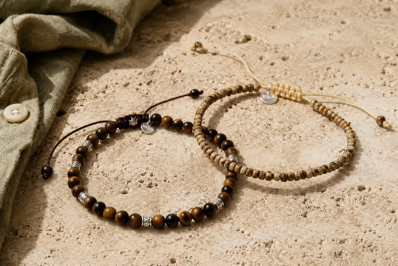 Brown and beige bracelet color combo with tiger eye beads and a slim neutral bracelet