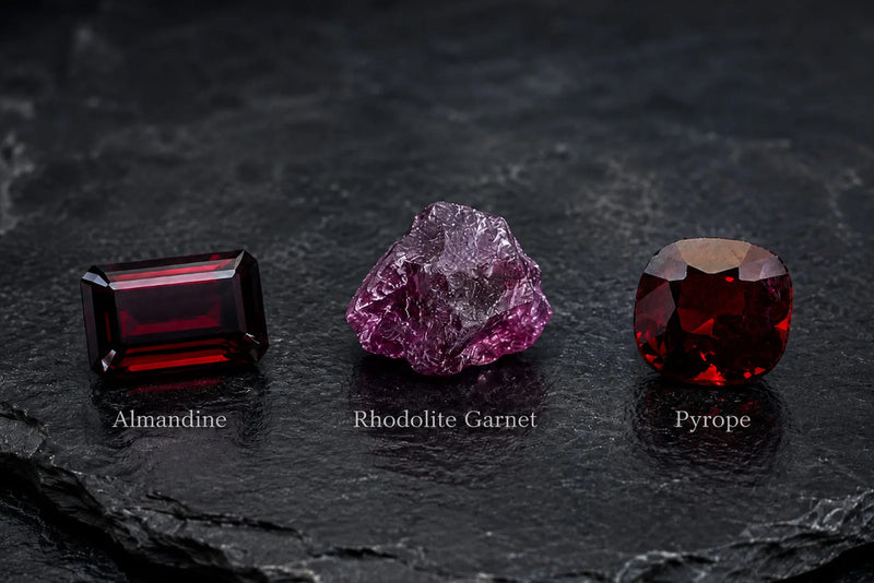 Almandine, rhodolite garnet, and pyrope shown with labels on dark stone.