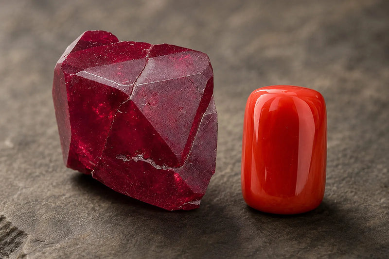 Deep-red crystal and smooth red cabochon illustrating cuprite and coral.