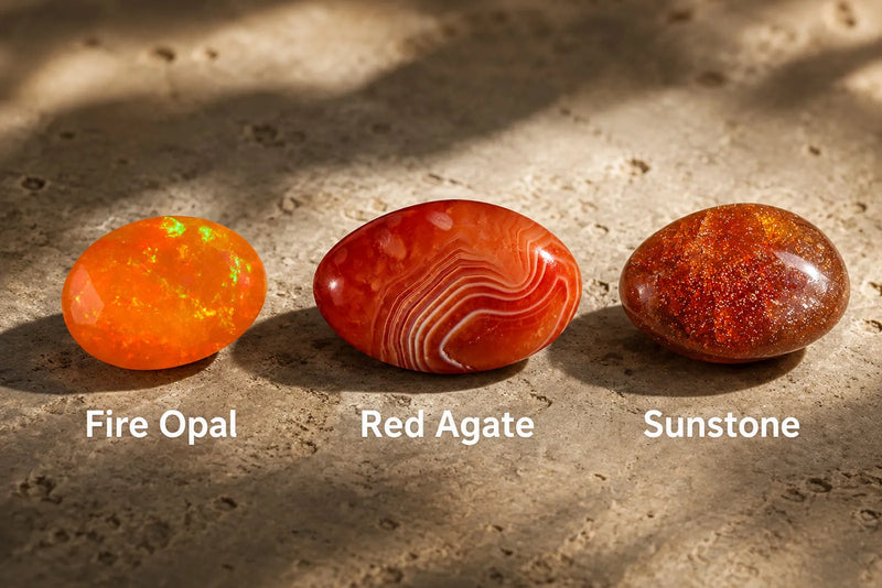 Fire opal, red agate, and sunstone comparison, with each orange-red stone labeled.