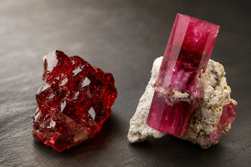 Two red mineral specimens illustrating the red beryl and red diamond comparison.