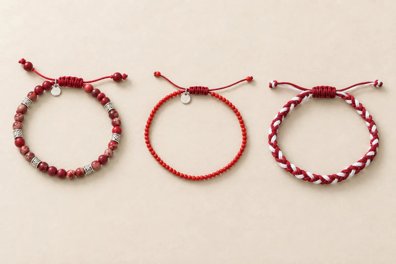 Three red bracelet styles made with beads, fine cord, and braided thread, showing different ways a red string bracelet can be worn.