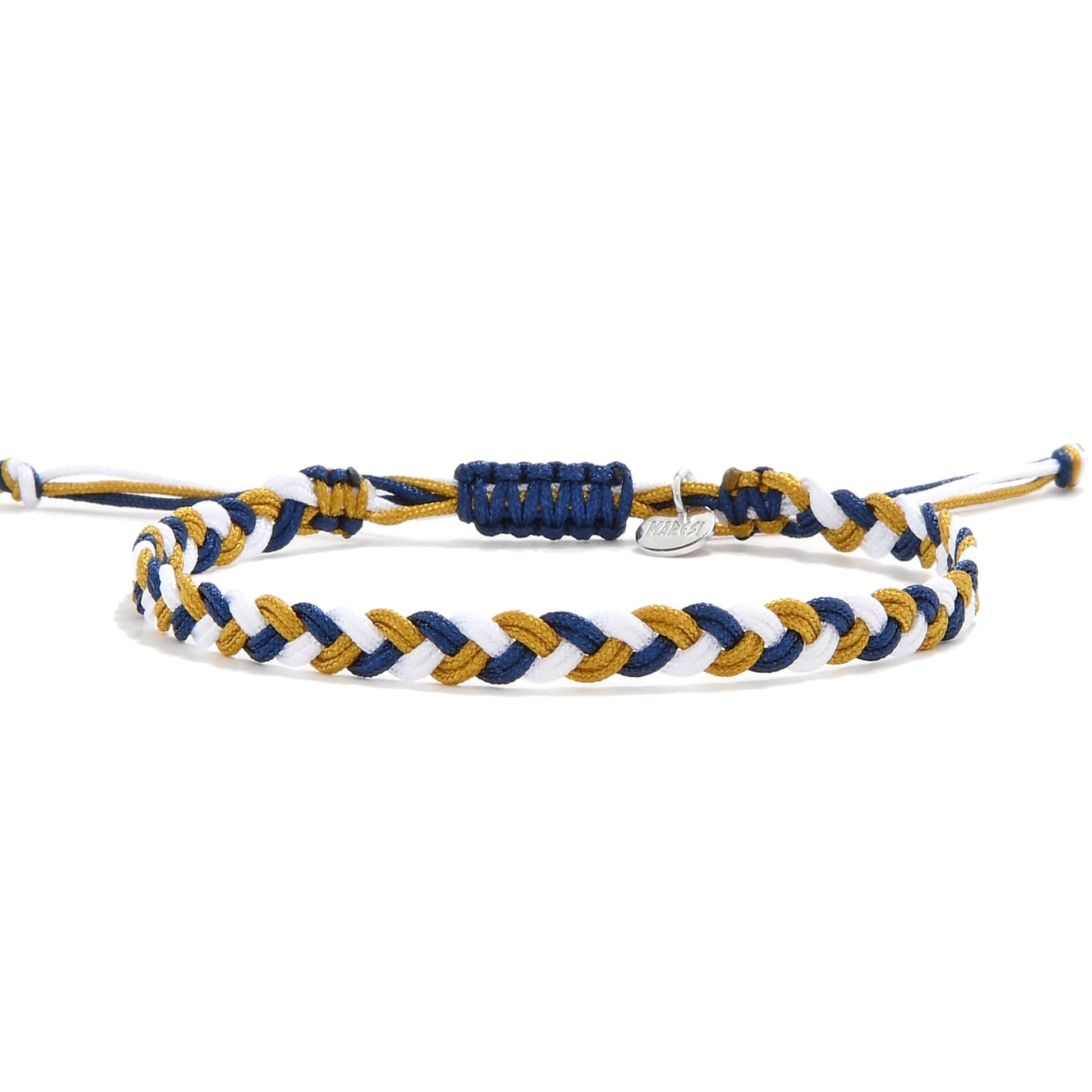 Adjustable friendship bracelet with sliding knot and charm in blue, white, and gold