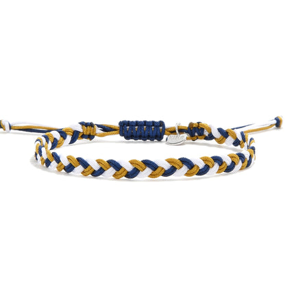 Adjustable friendship bracelet with sliding knot and charm in blue, white, and gold