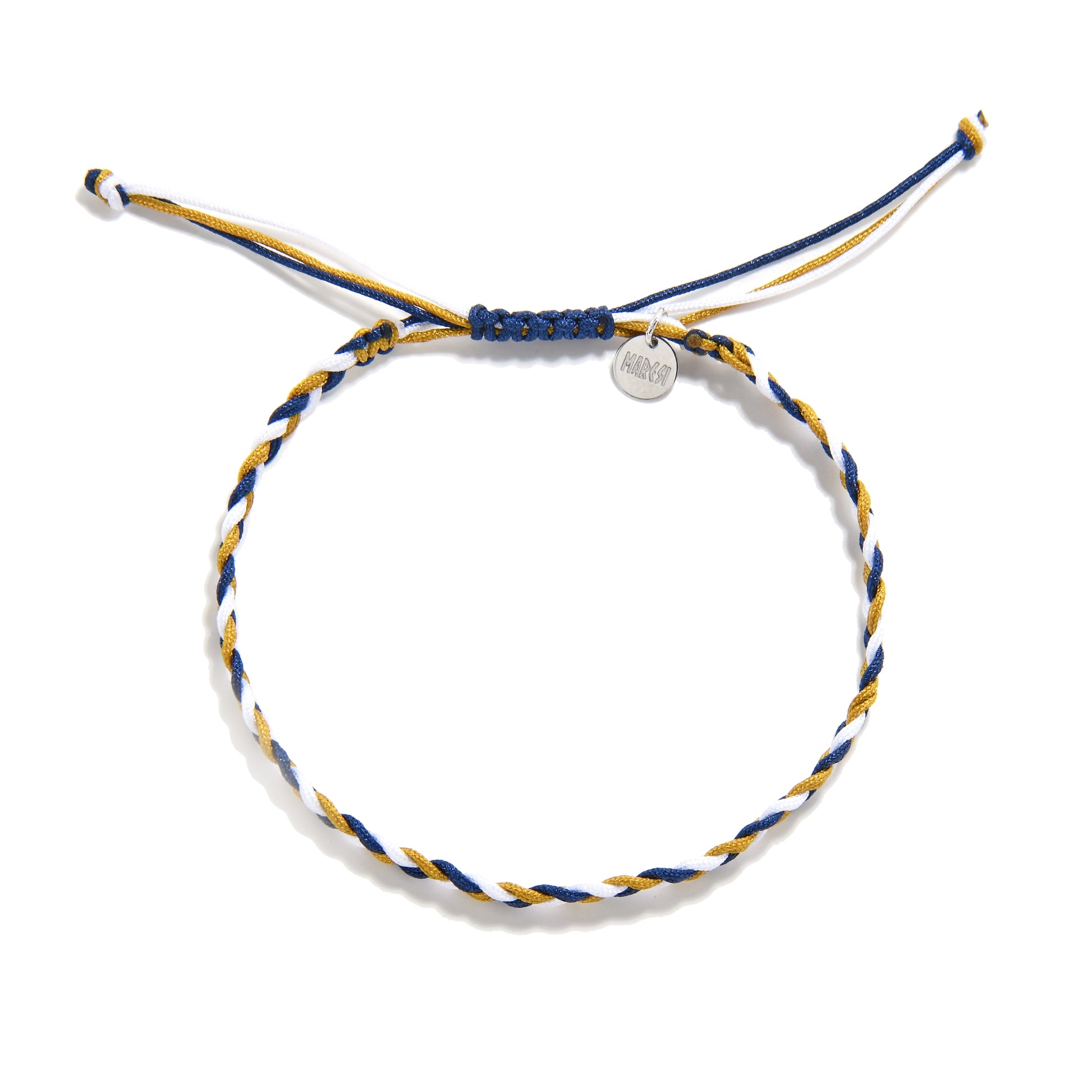 Sanluri adjustable friendship bracelet with gold, blue, and white braided cords