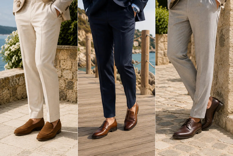 Brown suede loafers, leather loafers, and dark brown Derby shoes paired with tailored beach wedding trousers