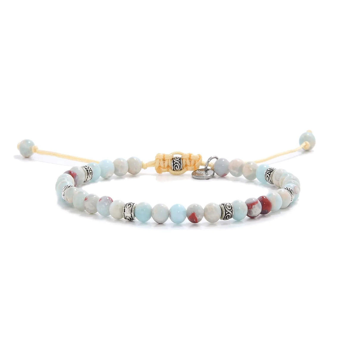Shoushan stone bracelet featuring light blue and red beads on yellow cord.