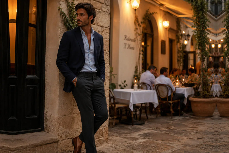 Man in a navy blazer, light blue shirt, dark trousers and loafers outside an elegant Mediterranean restaurant in the evening.