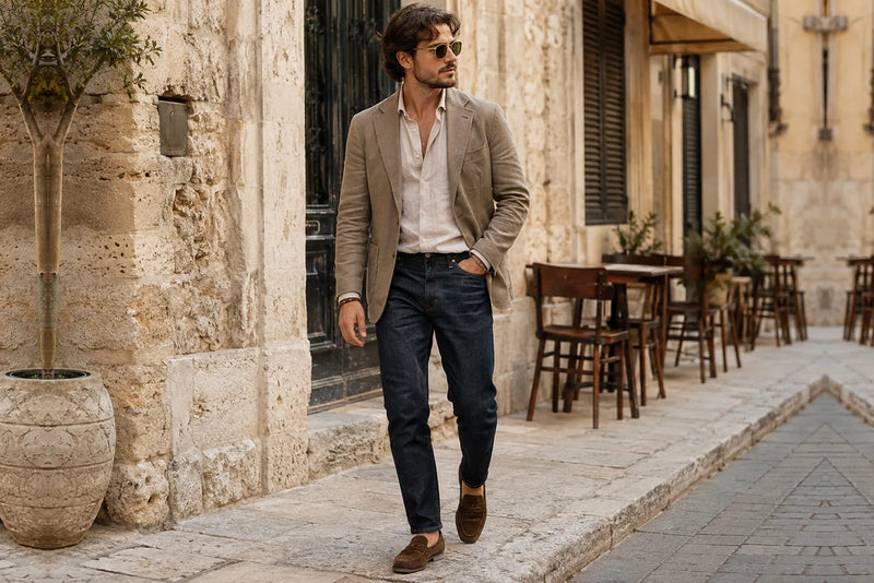 Man wearing an unstructured blazer, white shirt, dark jeans and brown suede shoes for a smart casual men's outfit.