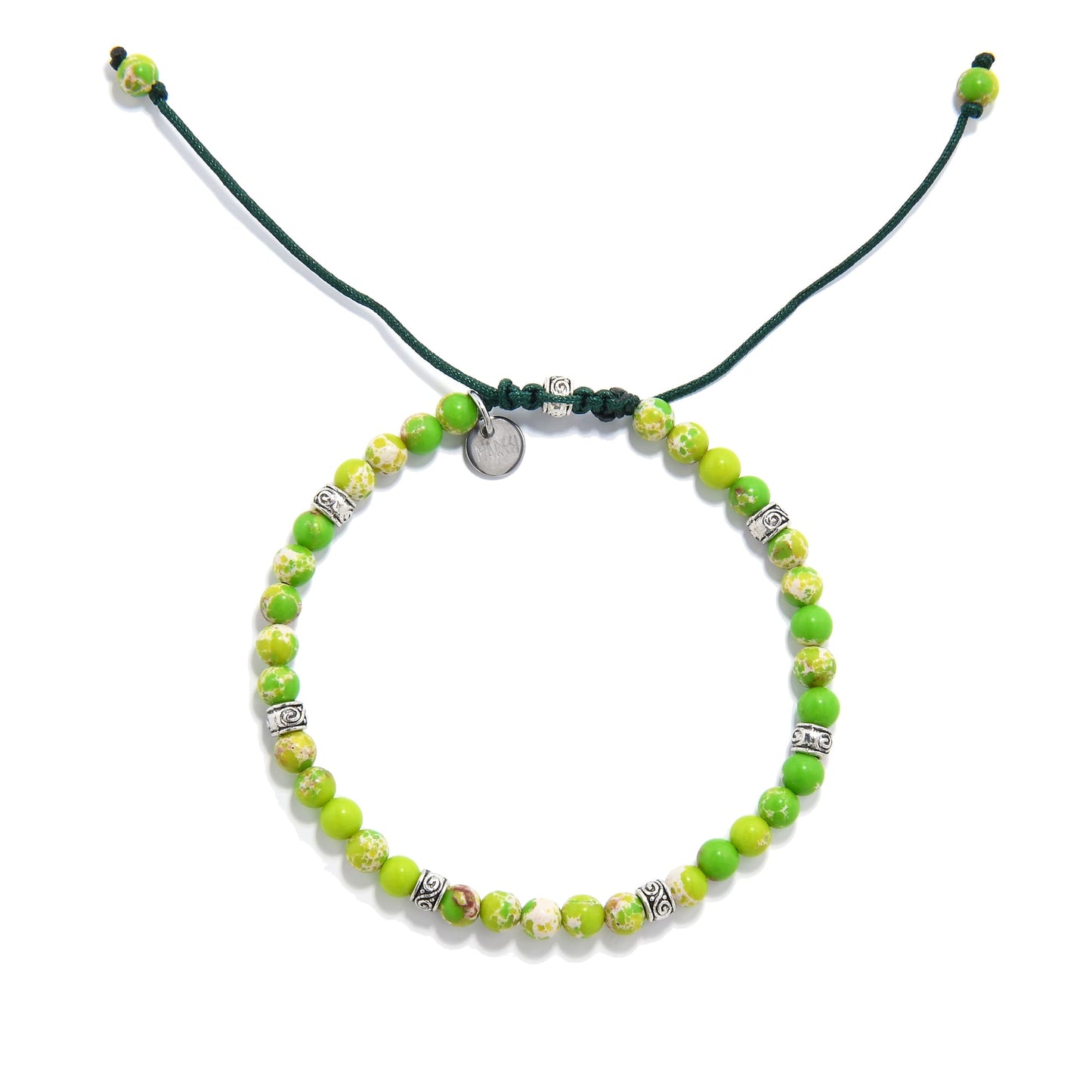 djustable bracelet made with spring green sea sediment jasper beads and metal accents on dark green cord