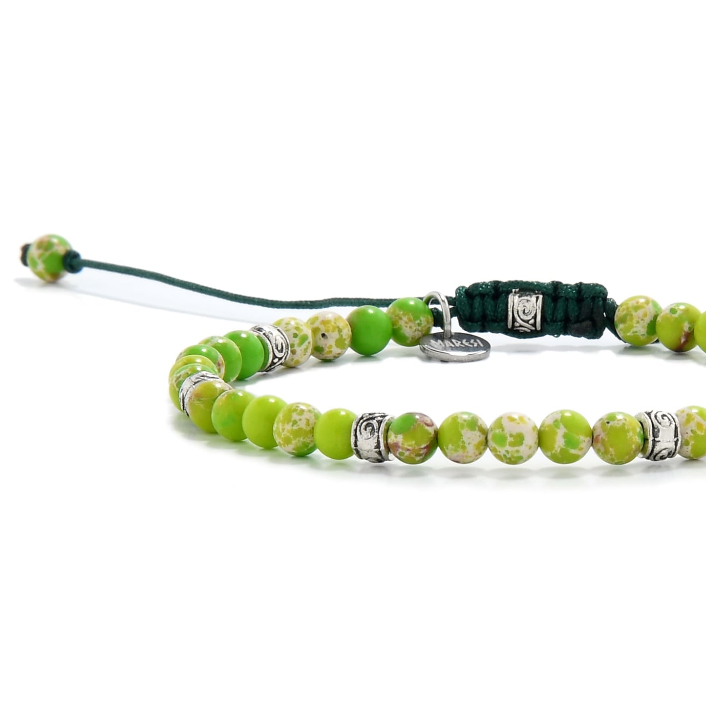 Close-up of round spring green jasper beads with metal spacers on handcrafted adjustable cord