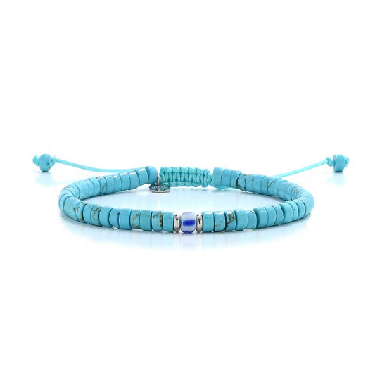 Front view of handmade men’s bracelet with turquoise clay beads.