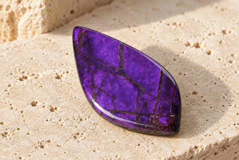 Polished sugilite purple gemstone with vivid violet color and dark natural veining