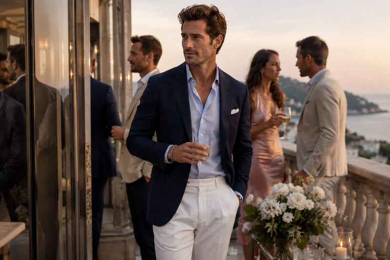 Man wearing a navy blazer, pale blue shirt and white tailored trousers at a Mediterranean cocktail event