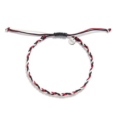 Minimalist friendship bracelet arts with slim red, black and white twisted strands