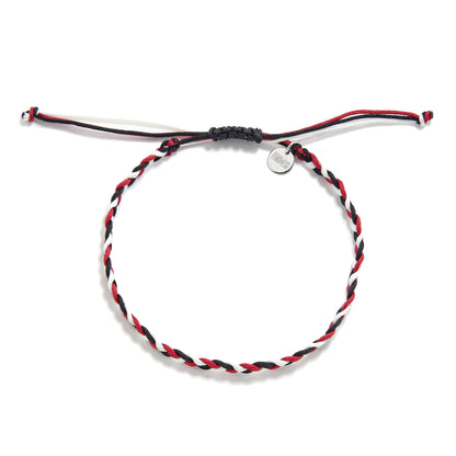 Minimalist friendship bracelet arts with slim red, black and white twisted strands