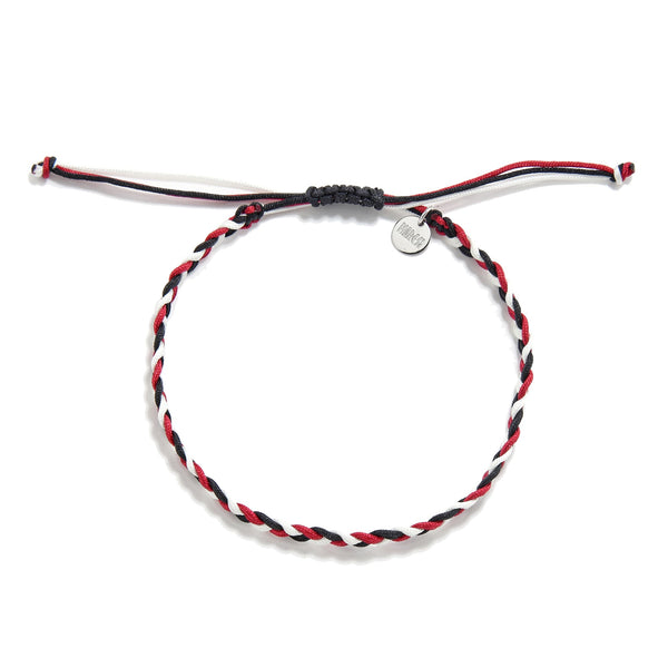 Minimalist friendship bracelet arts with slim red, black and white twisted strands