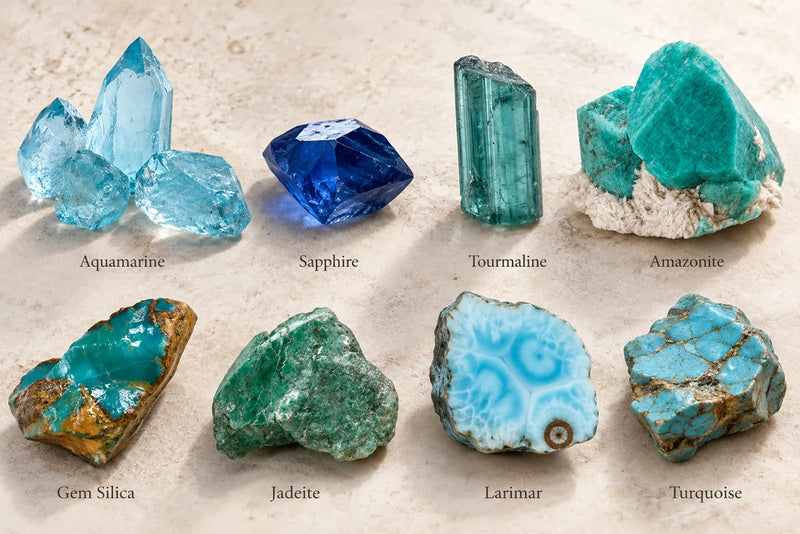 Blue green gemstones including aquamarine, sapphire, tourmaline, amazonite, gem silica, jadeite, Larimar and turquoise