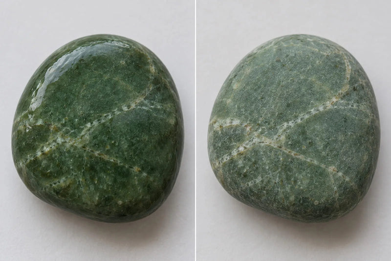 Same green beach stone shown wet and dry, revealing changes in color, surface texture, and pale veins