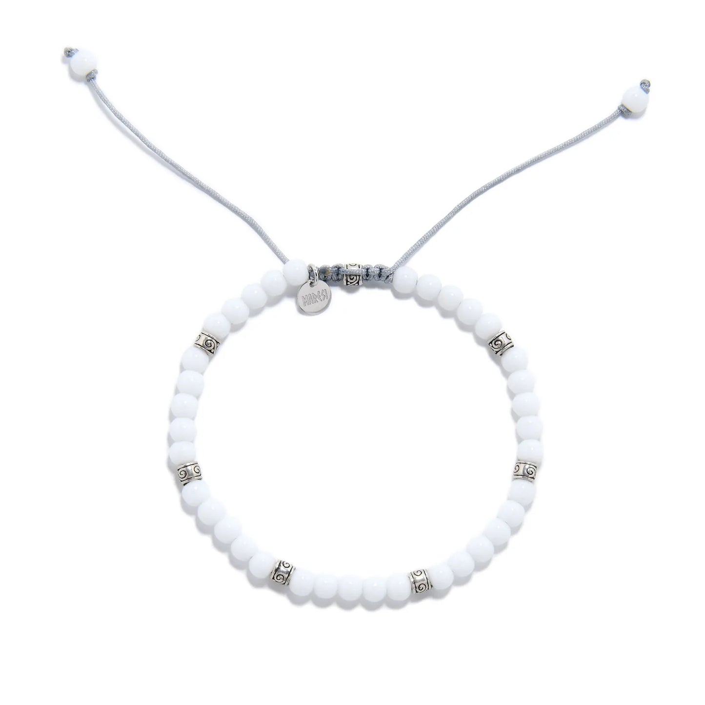 Top view of White Jade Bracelet for men with white beads, silver spacers, gray cord, and charm.