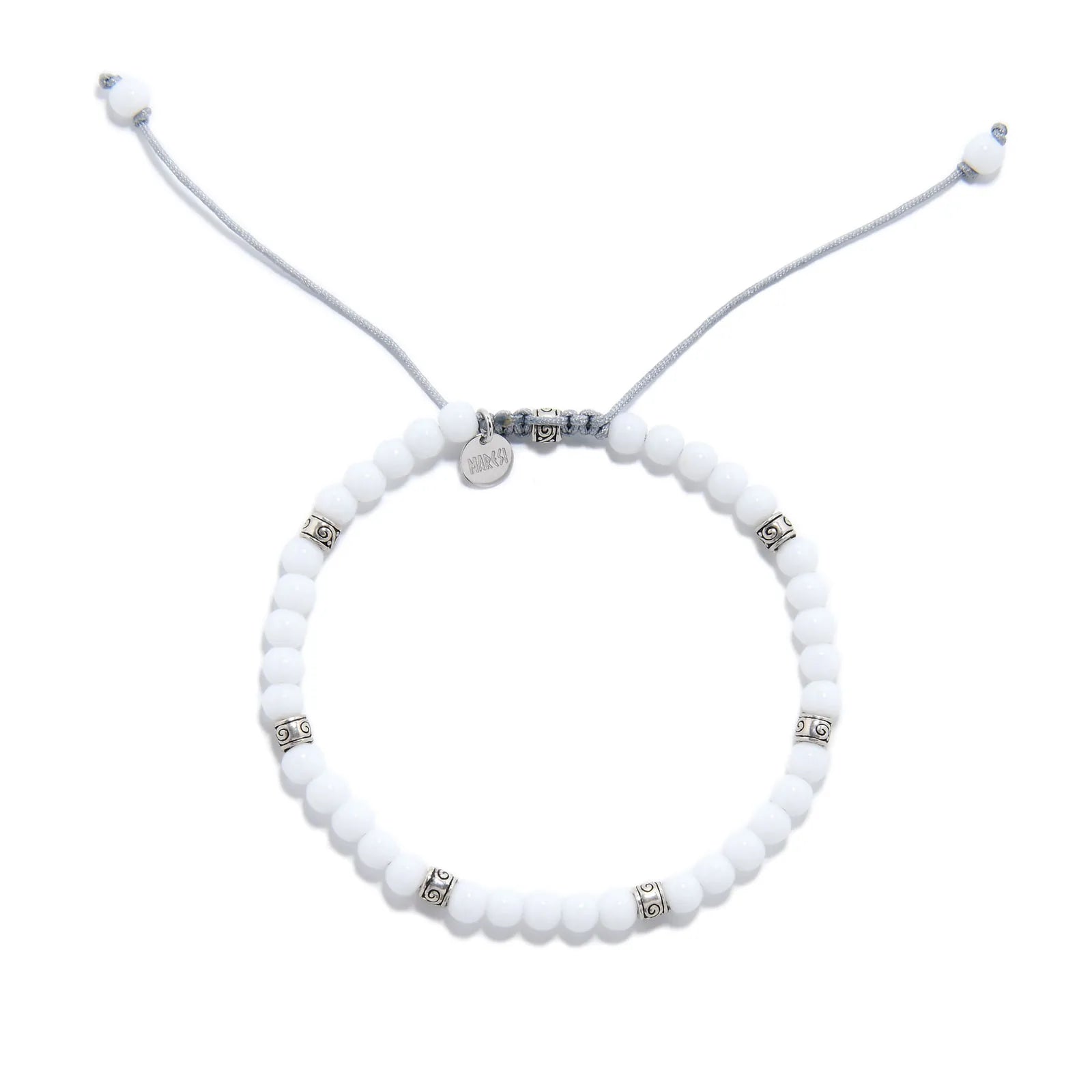 Top view of White Jade Bracelet for men with white beads, silver spacers, gray cord, and charm.